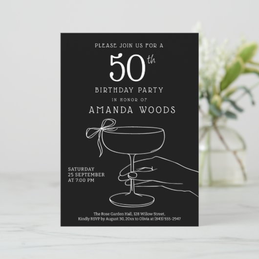 Elegant Black and White 50th Birthday Party Card 招待状 (スタンド正面)