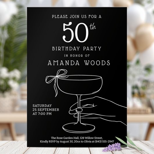 Elegant Black and White 50th Birthday Party Card 招待状