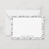 Elegant Black And White Boho Floral Border Name ノートカード (正面)