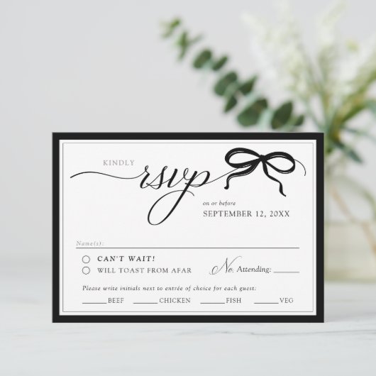 Elegant Black and White Bow Simple Classic Wedding 出欠カード (スタンド正面)