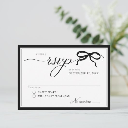 Elegant Black and White Bow Simple Modern Wedding 出欠カード (スタンド正面)