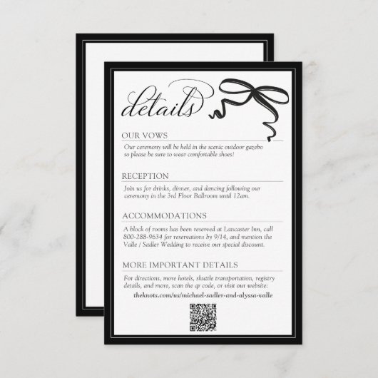 Elegant Black and White Bow Simple Wedding Details エンクロージャーカード (正面/裏面)