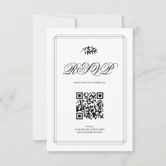 Elegant black and white branch and QR code wedding 出欠カード (正面)