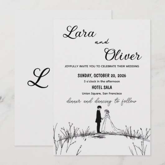 elegant black and white chic wedding invittion 招待状 (正面/裏面)