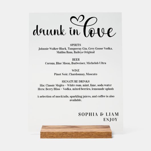 Elegant Black and White Drunk in Love Wedding Menu アクリルサイン (正面)