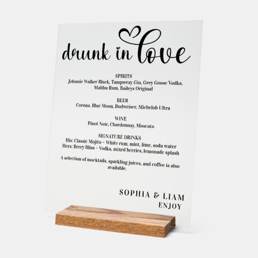 Elegant Black and White Drunk in Love Wedding Menu アクリルサイン (傾斜)