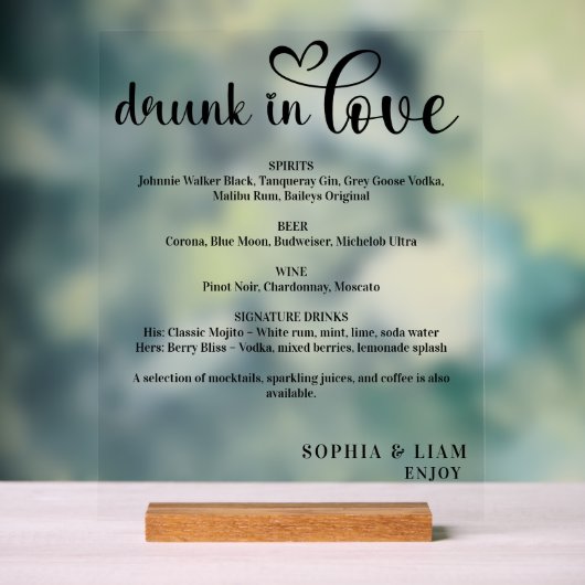 Elegant Black and White Drunk in Love Wedding Menu アクリルサイン (ニュートラル)