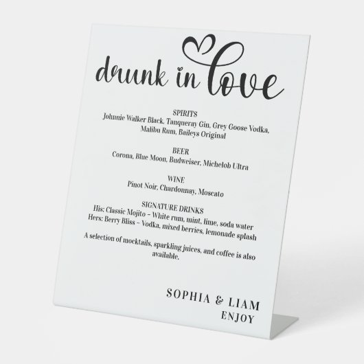 Elegant Black and White Drunk in Love Wedding Menu 台座サイン (正面)