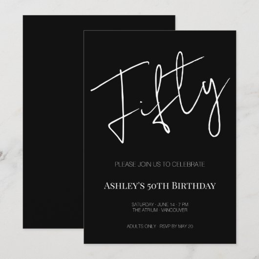 Elegant Black and White Fifty 50th Birthday 招待状 (正面/裏面)