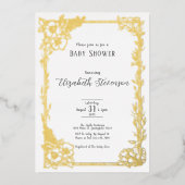 Elegant Black and White Floral Baby Shower Gold 箔招待状 (正面)