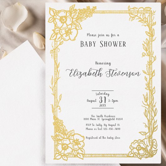 Elegant Black and White Floral Baby Shower Gold 箔招待状