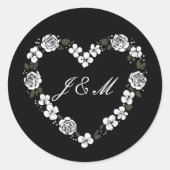 Elegant Black and White Floral Heart Wedding  ラウンドシール (正面)