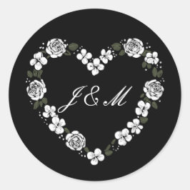 Elegant Black and White Floral Heart Wedding ラウンドシール