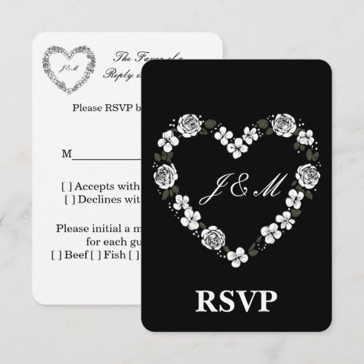 Elegant Black and White Floral Heart Wedding RSVP  サンキューカード (正面/裏面)