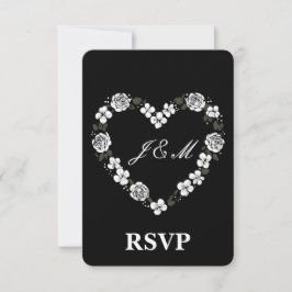 Elegant Black and White Floral Heart Wedding RSVP サンキューカード