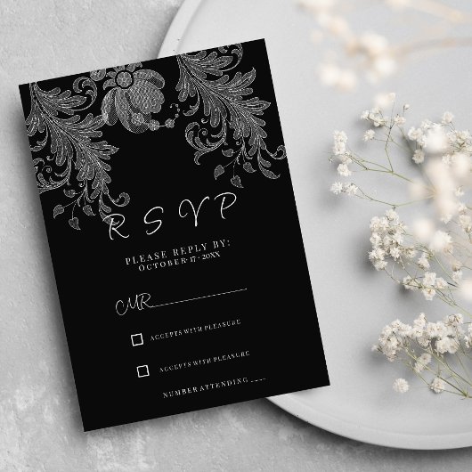  Elegant black and white floral lace RSVP 招待状