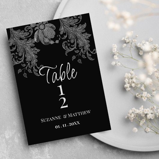 Elegant black and white floral lace Table Numbers 招待状