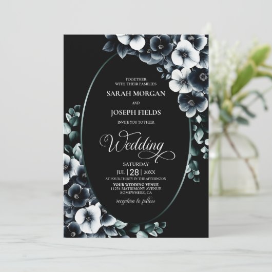 Elegant Black and White Floral Wedding 招待状 (スタンド正面)