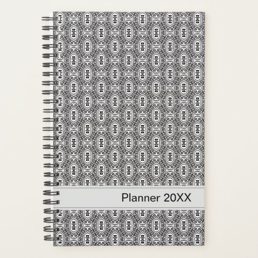 Elegant Black and White Folk Floral Seamless Patte プランナー手帳 (正面)