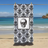 Elegant Black And White Gothic Damask Skull ビーチタオル
