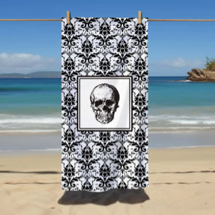 Elegant Black And White Gothic Damask Skull ビーチタオル