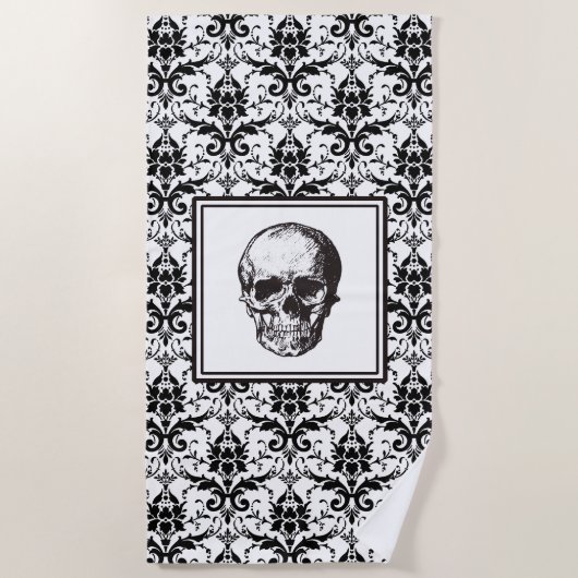 Elegant Black And White Gothic Damask Skull ビーチタオル (正面)