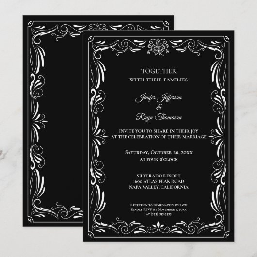 Elegant black and white Gothic wedding Invitation 招待状 (正面/裏面)