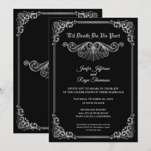 Elegant black and white Gothic wedding Invitation 招待状 (正面/裏面)