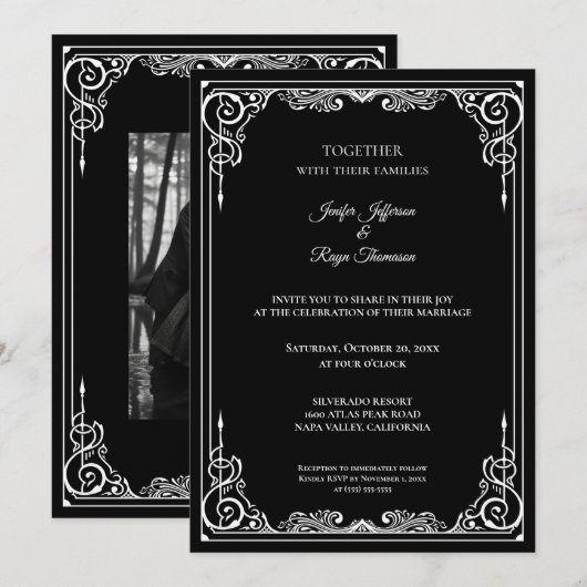 Elegant black and white Gothic wedding Invitation 招待状 (正面/裏面)