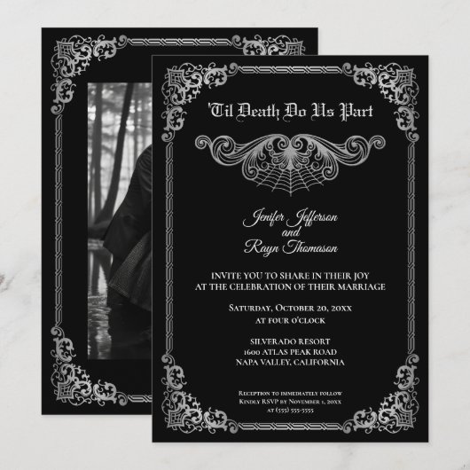 Elegant black and white Gothic wedding Invitation 招待状 (正面/裏面)
