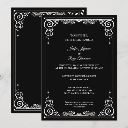 Elegant black and white Gothic wedding Invitation 招待状 (正面/裏面)