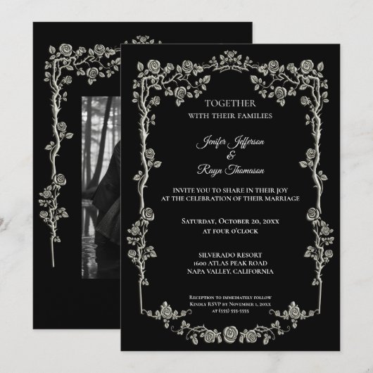 Elegant black and white Gothic wedding Invitation 招待状 (正面/裏面)