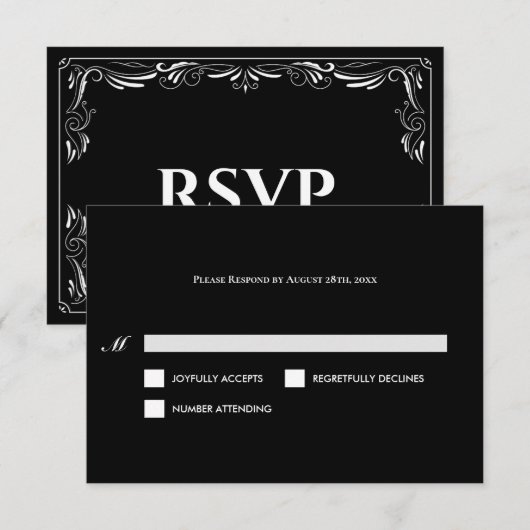 Elegant black and white Gothic Wedding RSVP Card (正面/裏面)