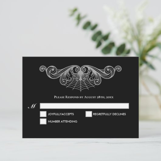 Elegant black and white Gothic Wedding RSVP Card (スタンド正面)
