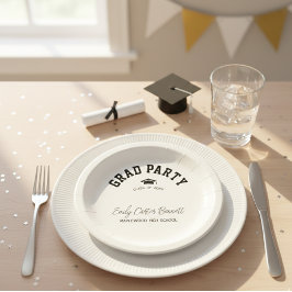 Elegant Black and White Grad Hat Graduation  ペーパープレート