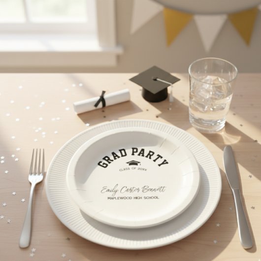 Elegant Black and White Grad Hat Graduation ペーパープレート