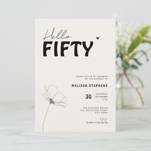 Elegant Black and White Hello Fifty 50th Birthday 招待状 (スタンド正面)