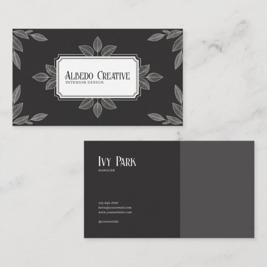 Elegant Black and White Line Art Foliage 名刺 (正面/裏面)