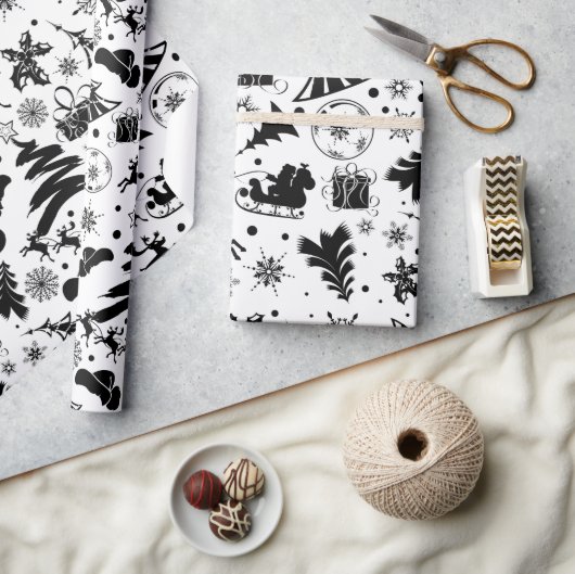 Elegant black and white merry Christmas  ラッピングペーパー (クラフト)