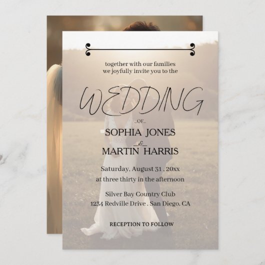 Elegant Black and White Photo Overlay Wedding  招待状 (正面/裏面)