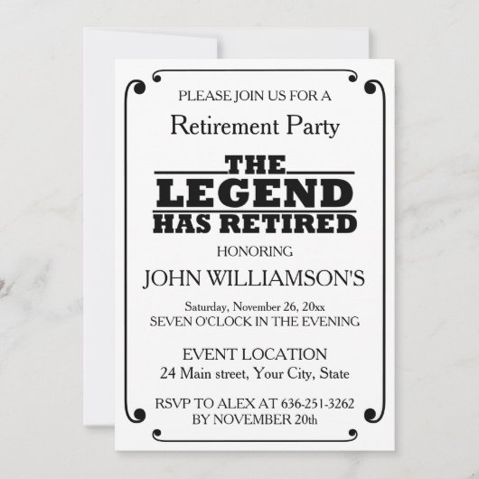 Elegant Black and White Retirement party 招待状 (正面)