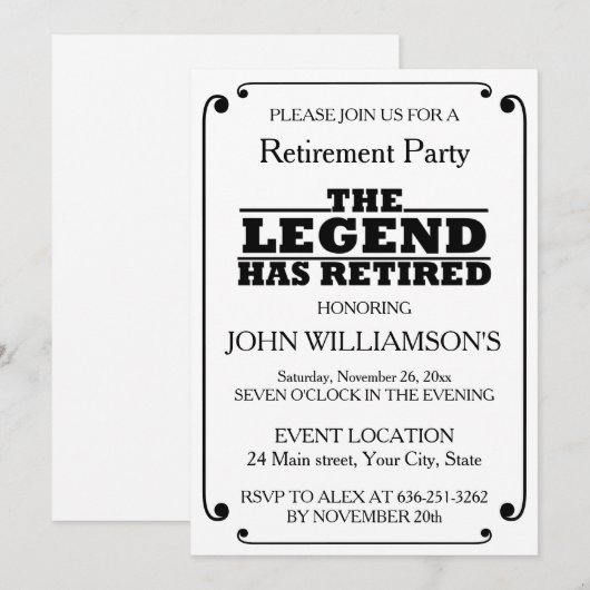 Elegant Black and White Retirement party 招待状 (正面/裏面)