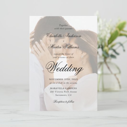 Elegant Black and White Script 2 Photo Wedding 招待状 (スタンド正面)