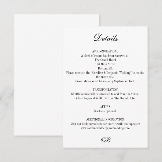 Elegant Black and White Script Monogram Wedding エンクロージャーカード (正面/裏面)