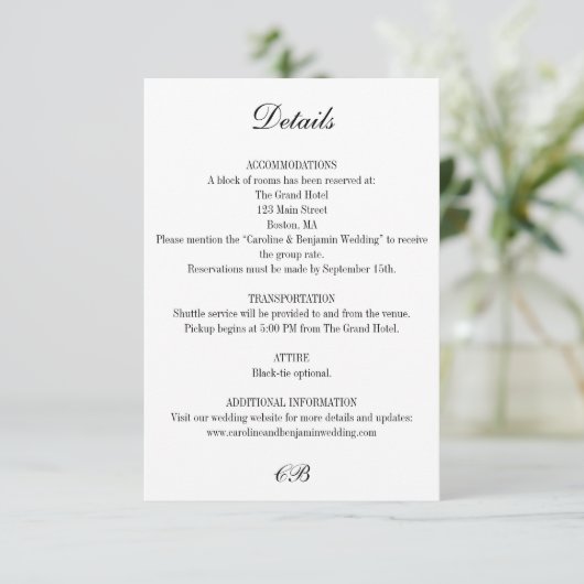 Elegant Black and White Script Monogram Wedding エンクロージャーカード (スタンド正面)