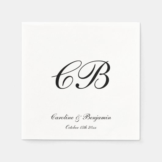 Elegant Black and White Script Monogram Wedding スタンダードカクテルナプキン (正面)