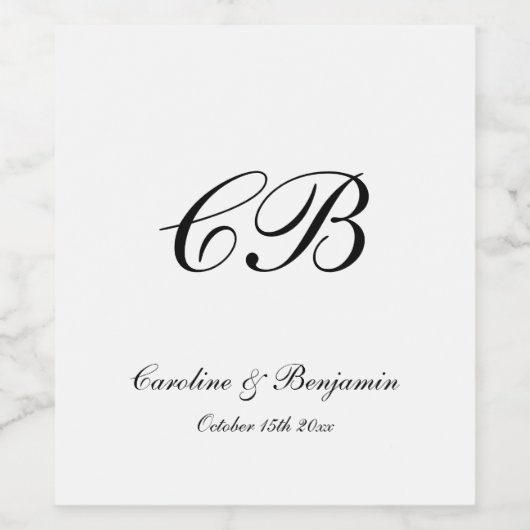 Elegant Black and White Script Monogram Wedding ワインラベル (シングルラベル)