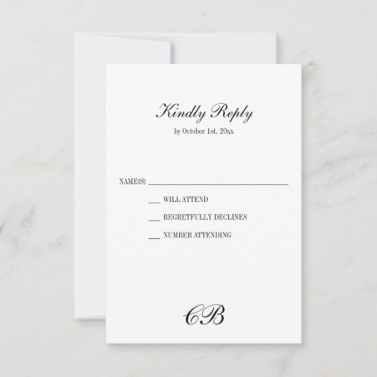 Elegant Black and White Script Monogram Wedding 出欠カード (正面)