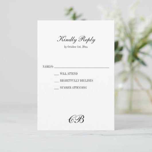 Elegant Black and White Script Monogram Wedding 出欠カード (スタンド正面)