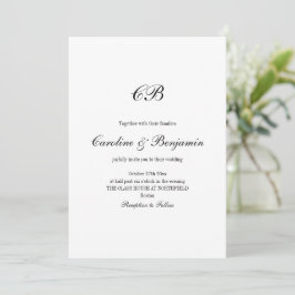 Elegant Black and White Script Monogram Wedding 招待状
